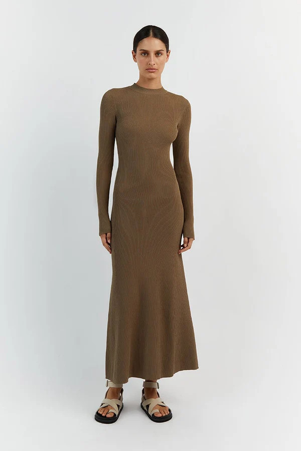 DONNA KHAKI LONG SLEEVE MIDI DRESS | DISSH
