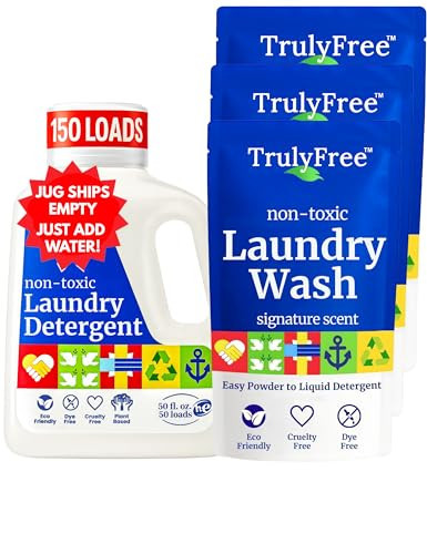 Truly Free Natural Laundry Detergent for Sensitive Skin | Eco Friendly, Plant Based, Baby Clothes Safe | Clean & Easy Powder to Liquid, 3 Pack Detergent + 1 Refillable Jug | Signature Scent 150 Loads | Amazon (US)