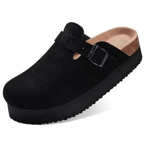 KIDMI Women's Platform Clogs Leather Mules Cork Footbed Potato Shoes, Genuine Black, Size 8.5 | Amazon (US)
