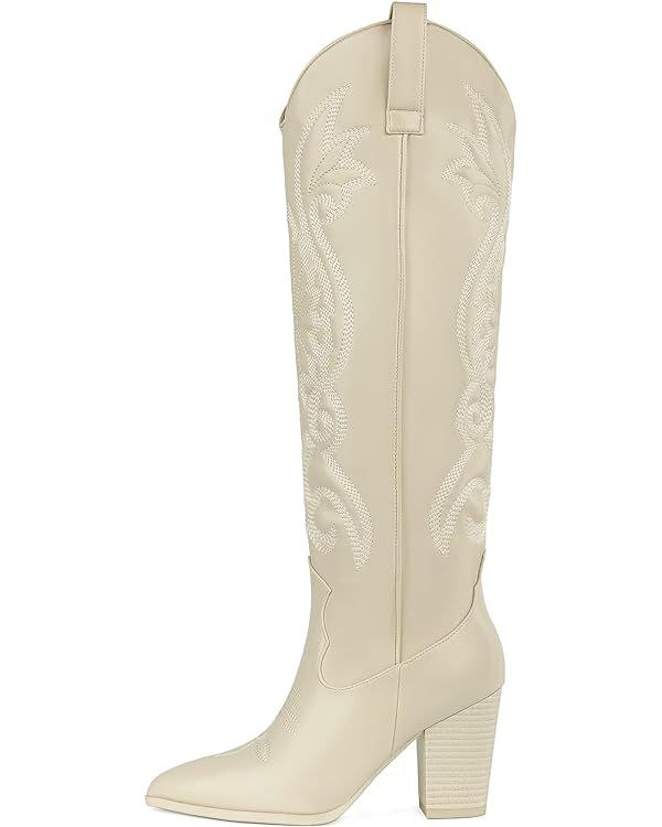 WIRALOMI Women Western Knee High Boots Embroidered Chunky Block Heel Cowboy Boots Pointed Toe Pul... | Amazon (US)