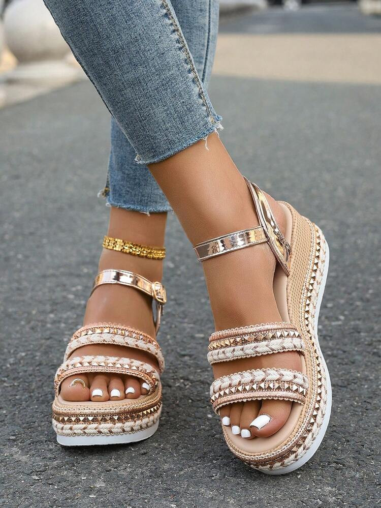 Summer Dressy Platform Sandals Woven Knot Beach Wedge Thick Bottom Roman Sandals With Rhinestone ... | SHEIN