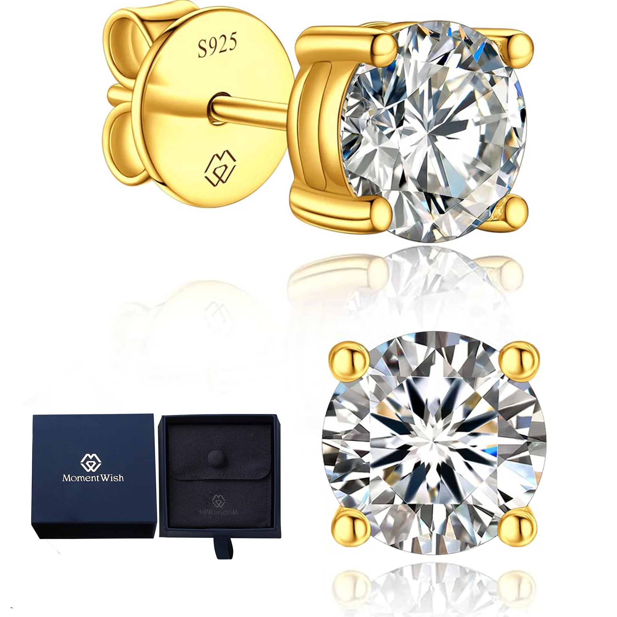 MomentWish 2 Carat D Color VVS1 Round Cut Solitaire Studs in Solid 14k Yellow Gold Lab Grown Simu... | Walmart (US)