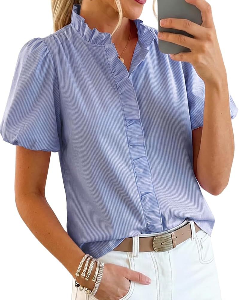 peasssa Womens Short Puff Sleeve Button Down Shirts Striped Ruffle Stand Collar Blouse Business C... | Amazon (US)