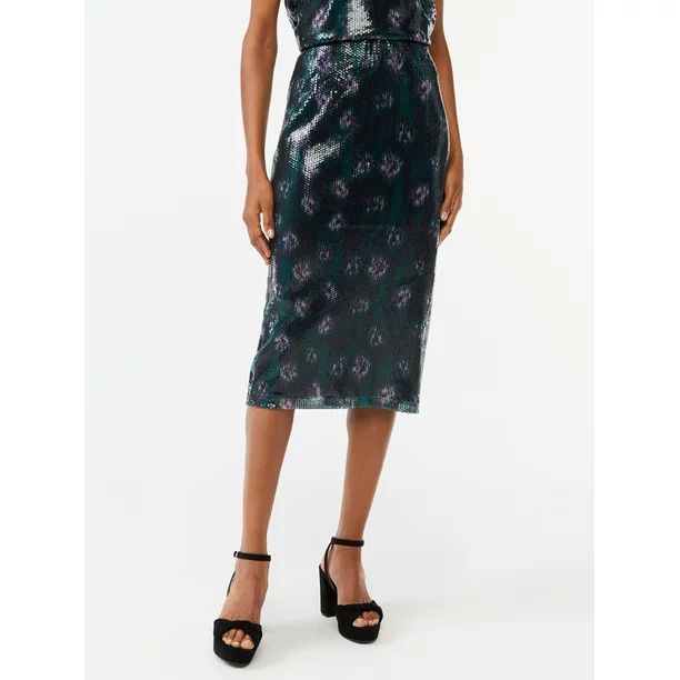 Scoop Women's Printed Sequin Midi Pencil Skirt - Walmart.com | Walmart (US)