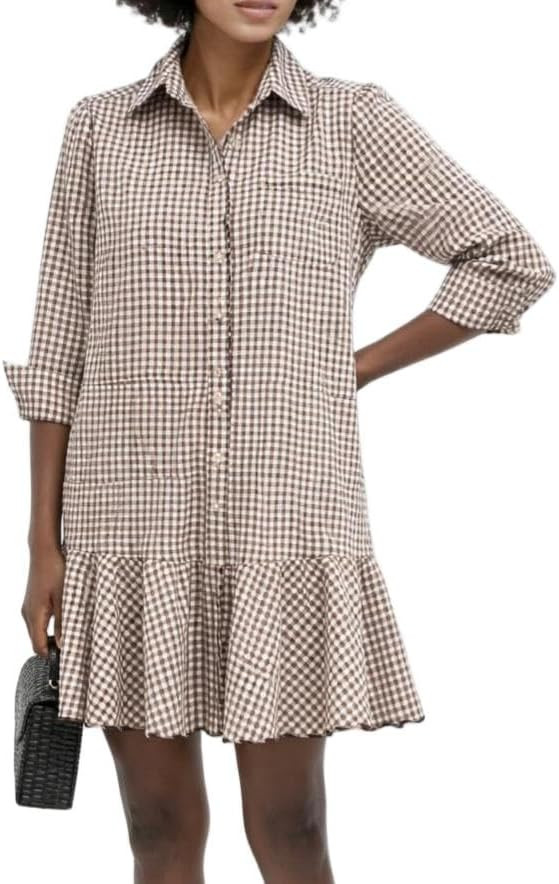 VAOYIU Womens Long Sleeve Gingham Shirt Dress Ruffled Trim Collared Button Up Casual Mini Dress w... | Amazon (US)