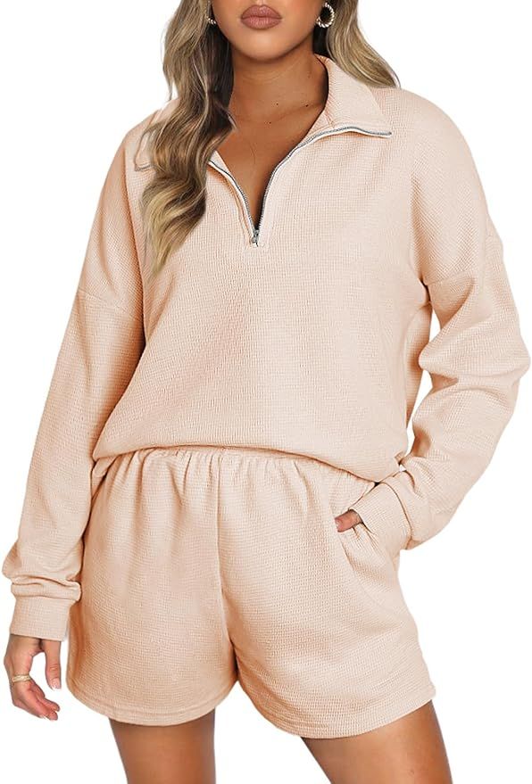 Aleumdr Women's 2 Piece Outfits Zipper Waffle Knit Lounge Sets 2023 Fashion Long Sleeve Shorts Ma... | Amazon (US)