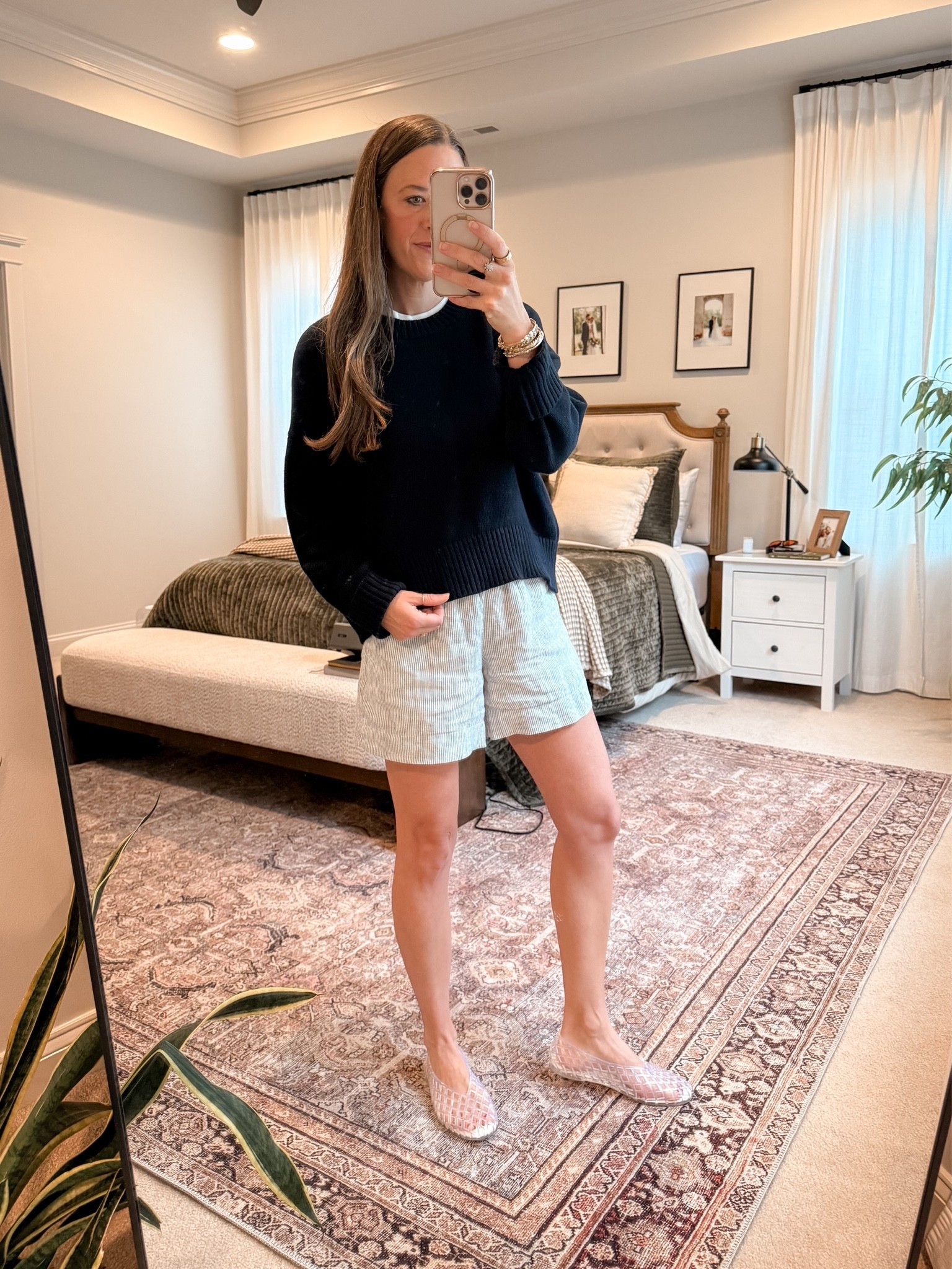 Rainy day summer outfit ☁️🌧️ Sometimes summer calls for shorts and a sweater. Styled these blue striped linen shorts with a cropped boyfriend sweater layered over a basic white tee and finished the look with clear jelly flats.

It feels coastal, classic, and practical for chilly restaurants, rainy afternoons, and over-air-conditioned spaces.

Use my code INFG-26LINENANDLIGHTCO10 for 10% off your first Quince order 🤍

#LTKootd #LTKmomlife #LTKSeasonal