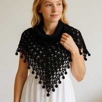 Crochet Knit Triangle Shawl Scarf - Black Hand Made Woman Wraps | Etsy (US)