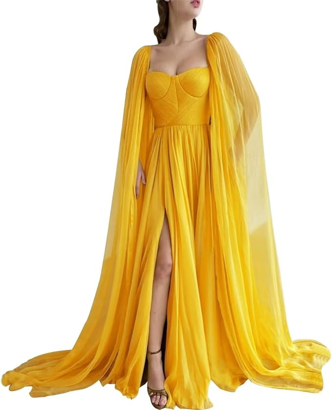 WDBFY Vintage Sweetheart Goddess Prom Dresses Long Sleeves Cape Wedding Dress with Slit Formal Ev... | Amazon (US)