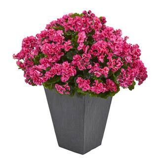 Nearly Natural Indoor/Outdoor UV Resistant Pink Geranium Artificial Plant in Slate Plater 6499-BU... | The Home Depot