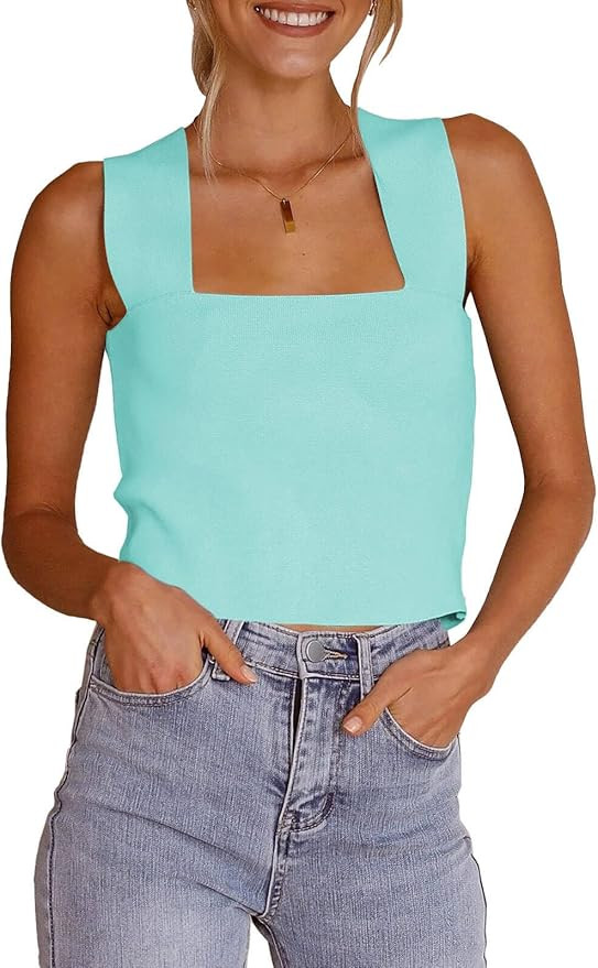 Women's Knit Square Neck Tank Tops 2026 Summer Casual Sleeveless Sweater Fitted Shirts Tanks | Amazon (US)