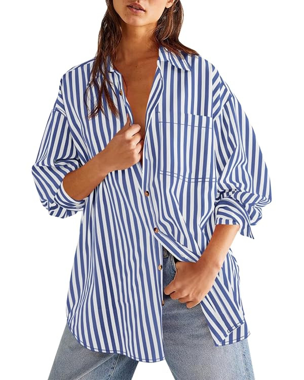 Cicy Bell Womens Oversized Striped Button Down Shirts Boyfriend Long Sleeve Collared Work Blouses | Amazon (US)