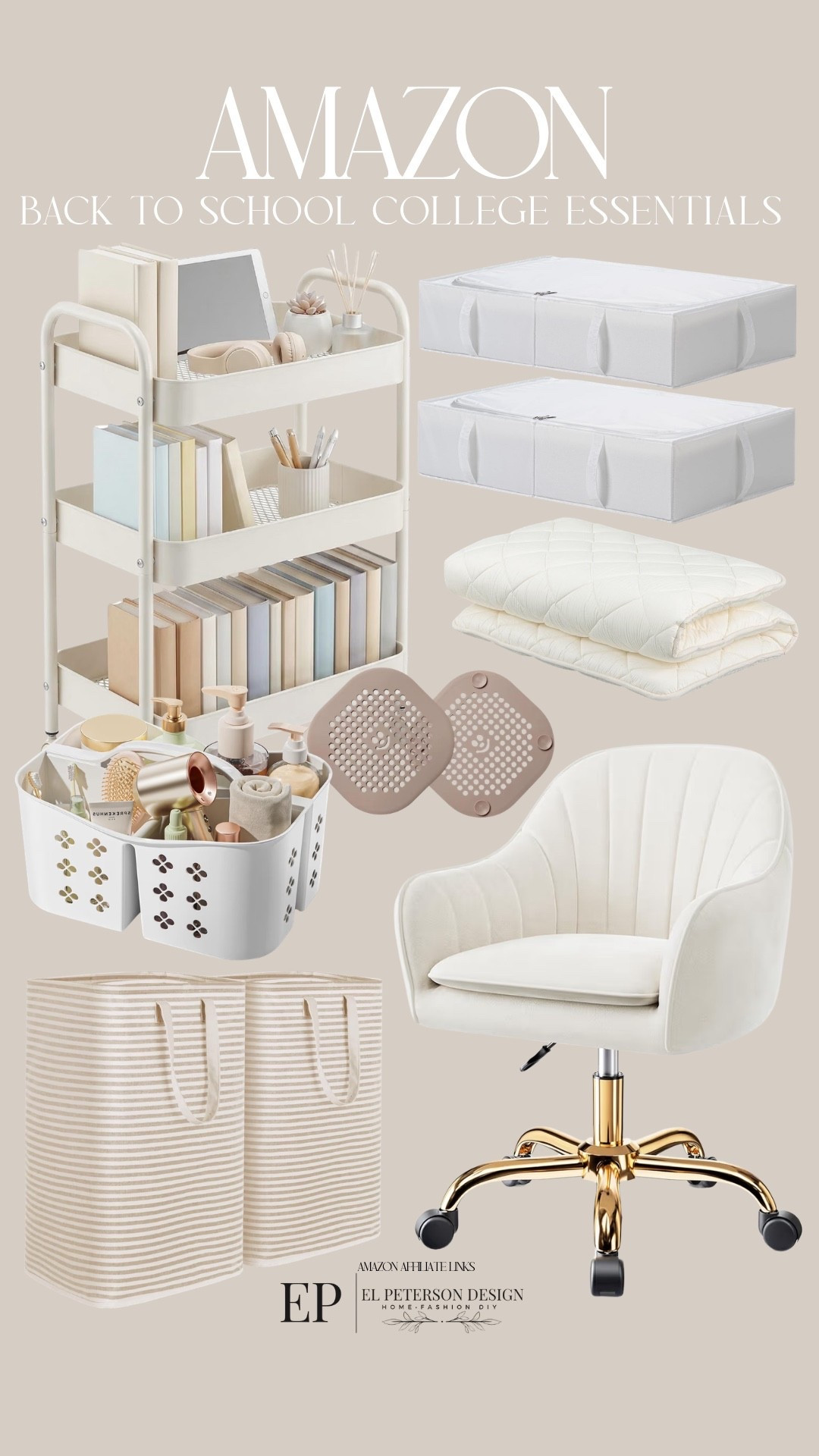 Amazon
Under bed storage containers
Office chair
Rolling shelf
Hamper
Caddy