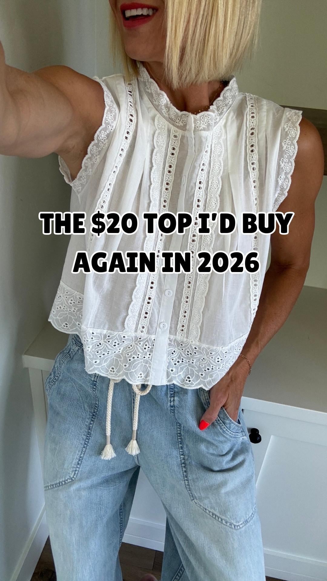 2025 best-seller for a reason ✨ This $20 top gives total Free People vibes without the splurge. Just dropped in springy yellow, pink, and blue—easy, flattering, and one of those grab-it-before-prices-go-up finds. This target cami is my go-to layering piece. I love the nude color to really allow the top to show off the eyelet details that white would take away from.
Perfect now for a warm weather resort trip or the beach! 
Sizing: 
Top fits tts, wearing a medium 
Cami fits tts, wearing a medium
Jeans fit BIG, be sure and size down ⬇️

#LTKOver40 #LTKTravel #LTKFindsUnder50