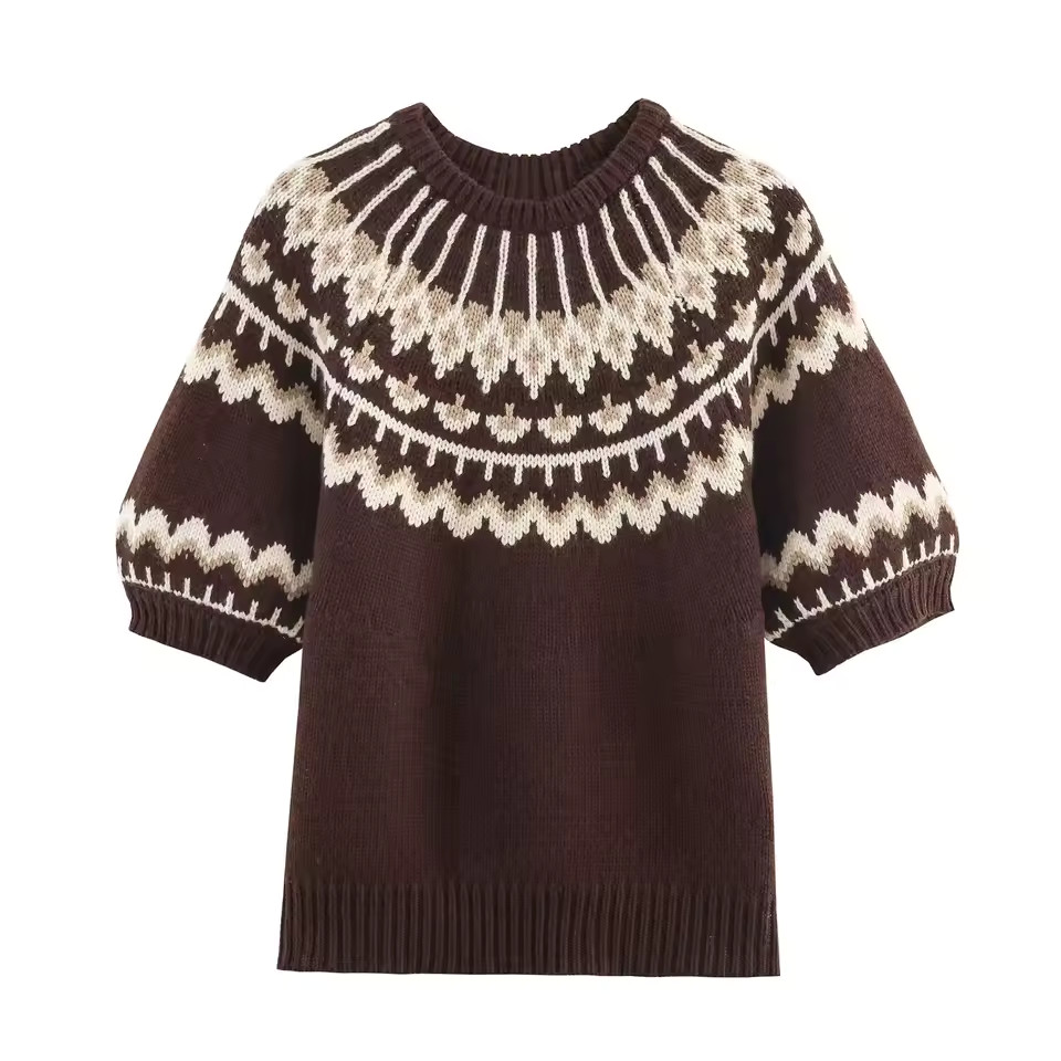 Autumn Winter French Vintage Fair Isle Ethnic Short Sleeve Block Striped Knitted round Neck Versatile Sweater Casual Wear Brand | AliExpress (US)