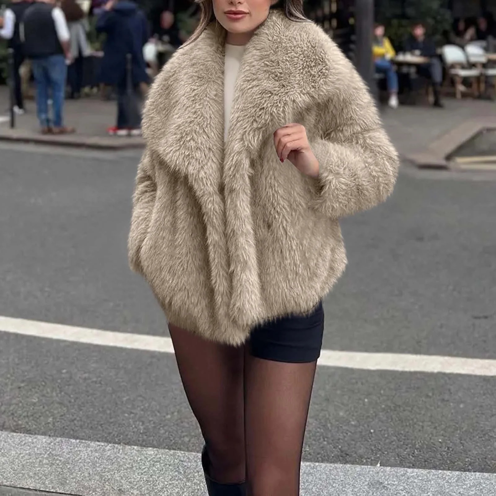 Pincandy Women Faux Fur Coat Long Sleeve Lapel Open Front Shaggy Furry Jacket Warm Fluffy Short O... | Walmart (US)