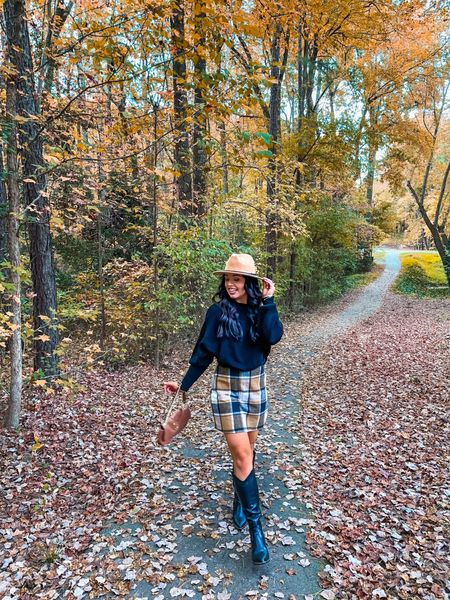 Under $34 amazon plaid wool skirt (small, 5+ colors), under $32 amazon one size black super soft sweater (10+ colors), under $40 amazon western knee high boots (tts) and under $30 amazon tan fedora — a perfect fall or winter look! Also ships before thanksgiving! #founditonamazon 

#LTKHoliday #LTKfindsunder50 #LTKsalealert