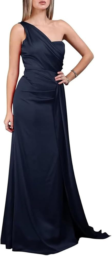 Satin Mermaid Wedding Guest Prom Dress Floor Length Ruched Evening Party Formal Dress | Amazon (US)