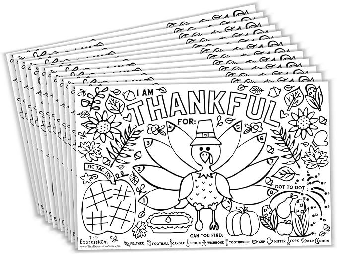 Tiny Expressions - Fall Thanksgiving Placemats for Kids (Pack of 12 Turkey Placemats) | Coloring ... | Amazon (US)