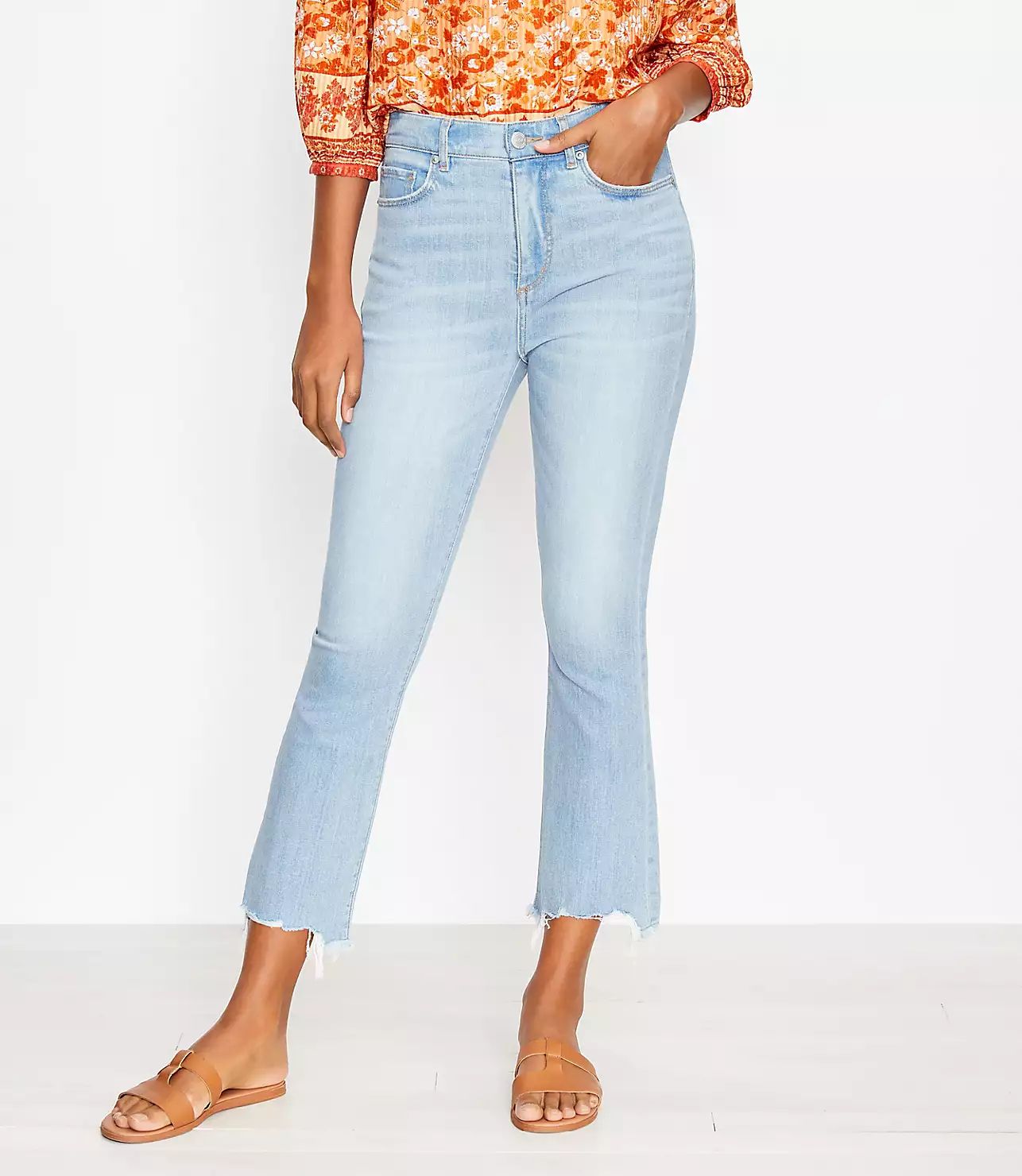 Chewed Hem High Rise Kick Crop Jeans in Light Wash | LOFT