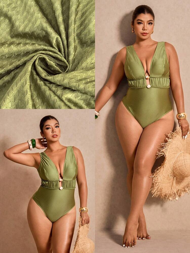 Elaquor Plus Size Women's Solid Color Ruched Twist One-Piece Swimsuit, Suitable For Beach Vacatio... | SHEIN