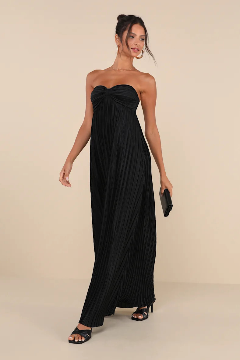Whimsical Beauty Black Satin Plisse Strapless Maxi Dress | Lulus