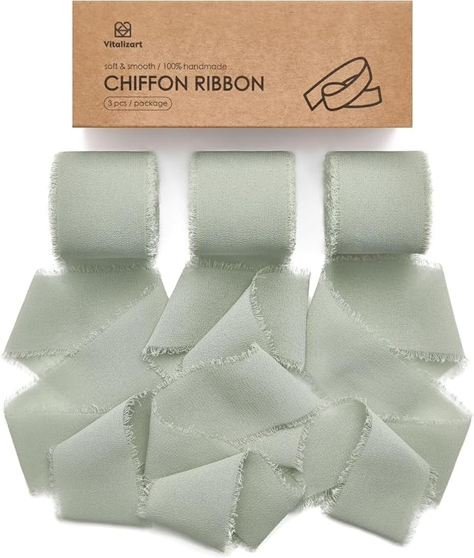 Vitalizart Sage Green Handmade Chiffon Silk Ribbon Fringe 3 Rolls 1.5" x 21 Yd Frayed Edges Ribbo... | Amazon (US)