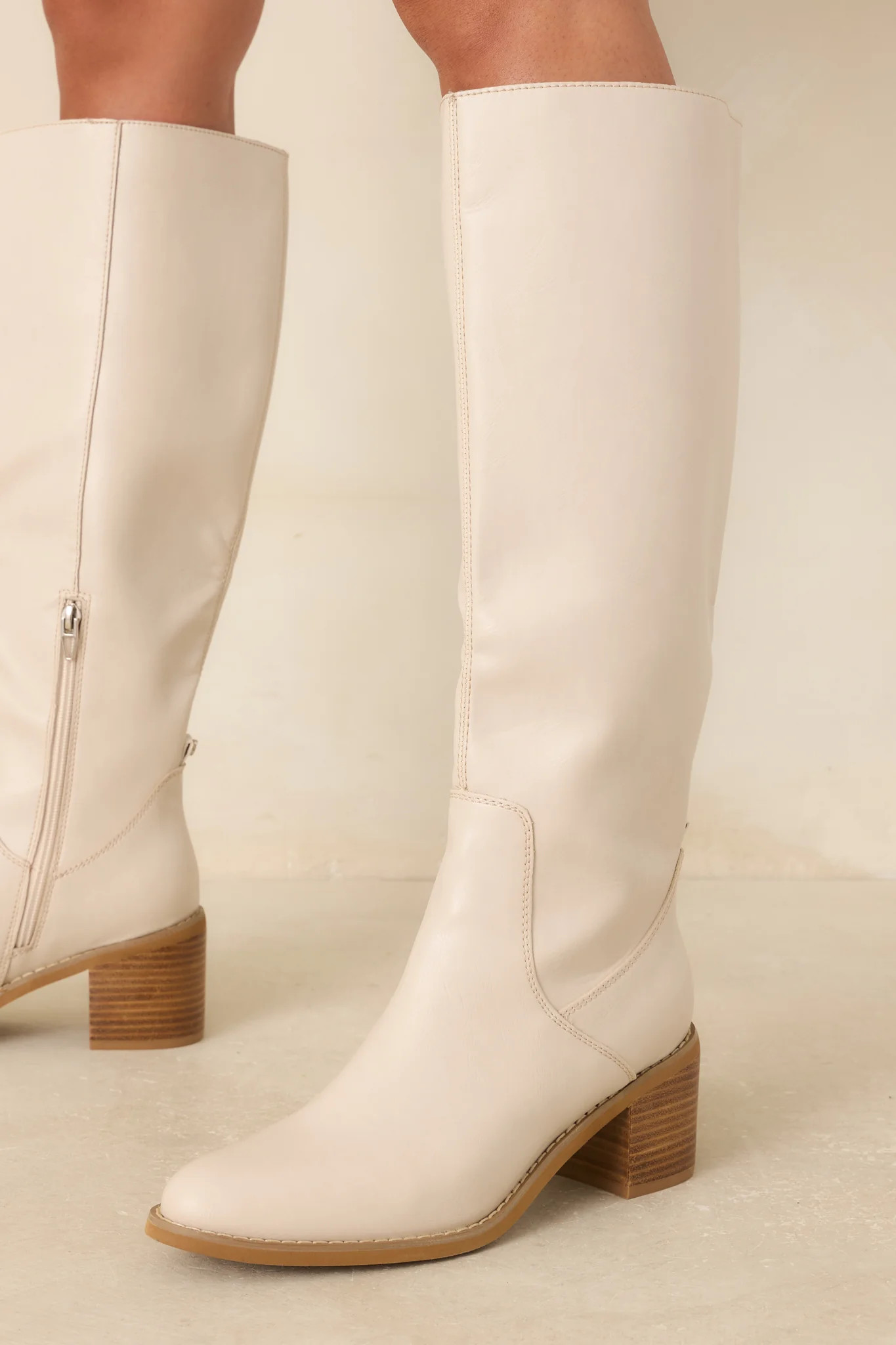 For Good Reason Ivory Smooth Faux Leather Knee High Boots | Red Dress