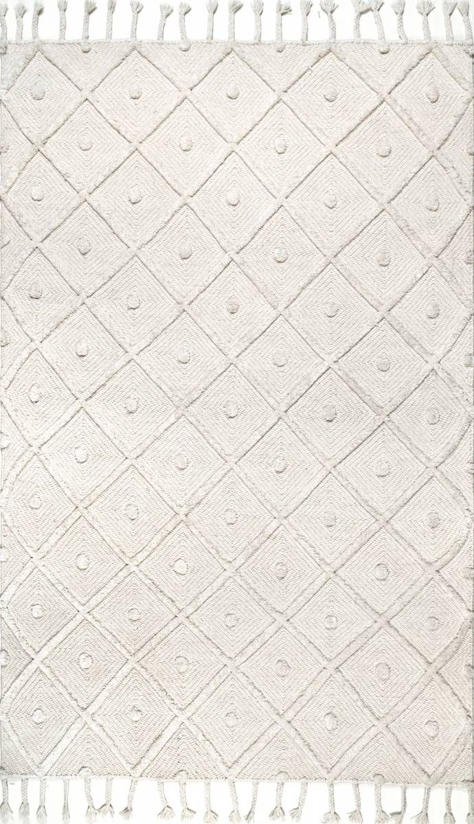 Ivory Diamond Textured Trellis Tassel 7' 6" x 9' 6" Area Rug | Rugs USA