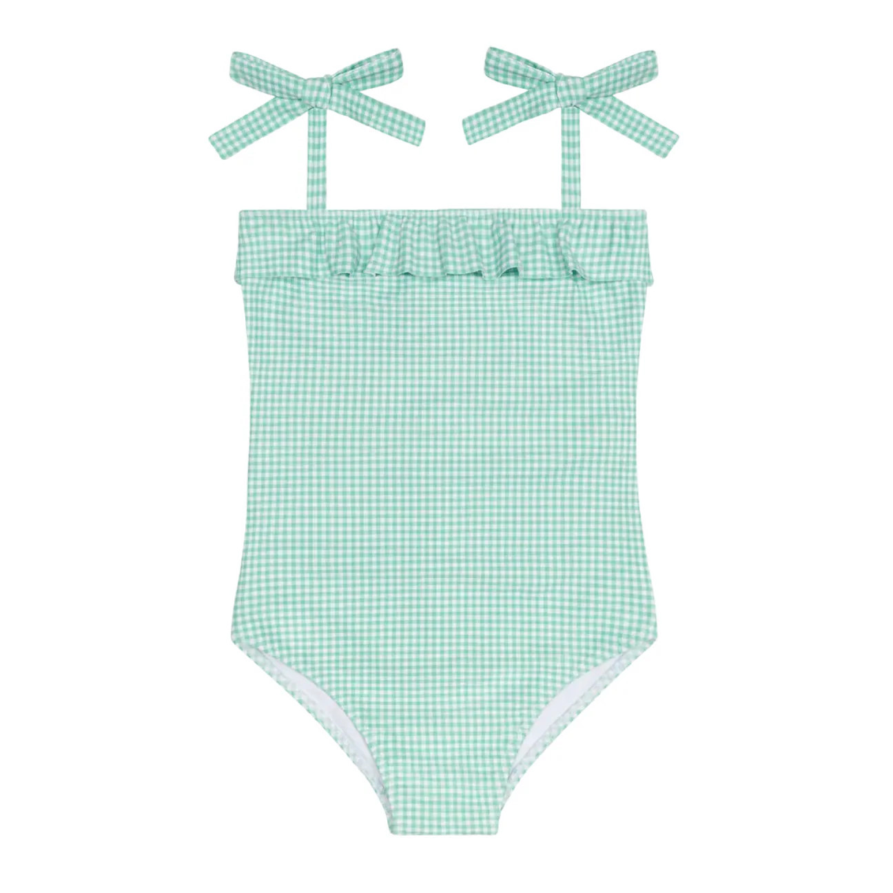 girls gustavia gingham ruffle front tie strap one piece | Minnow