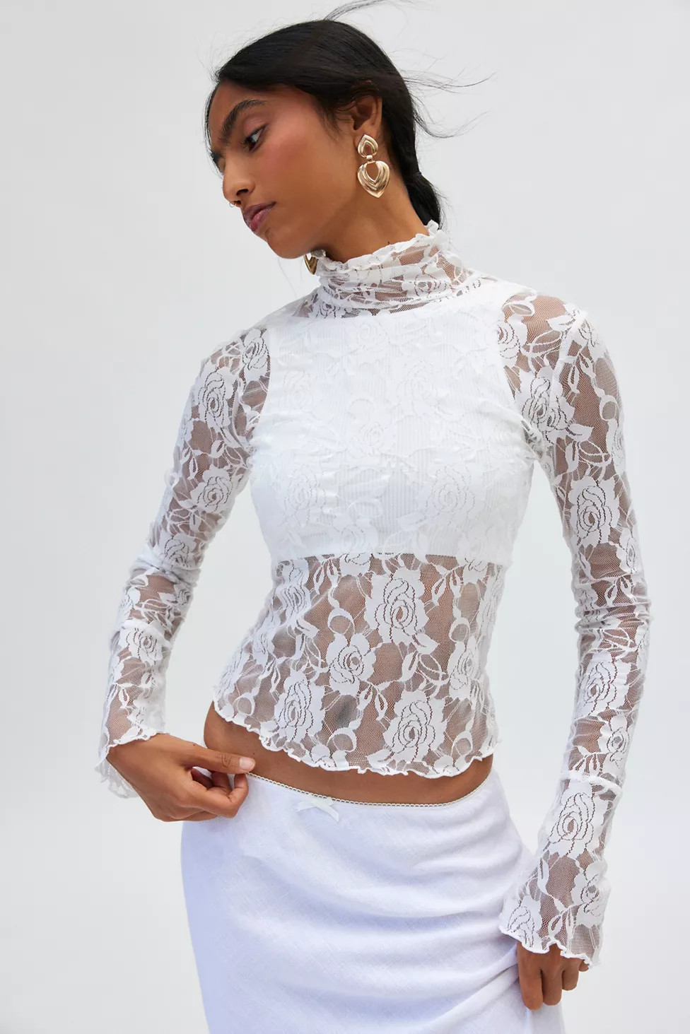 Out From Under Clarise Sheer Rose Floral Lace Turtleneck Top | Urban Outfitters (US and RoW)