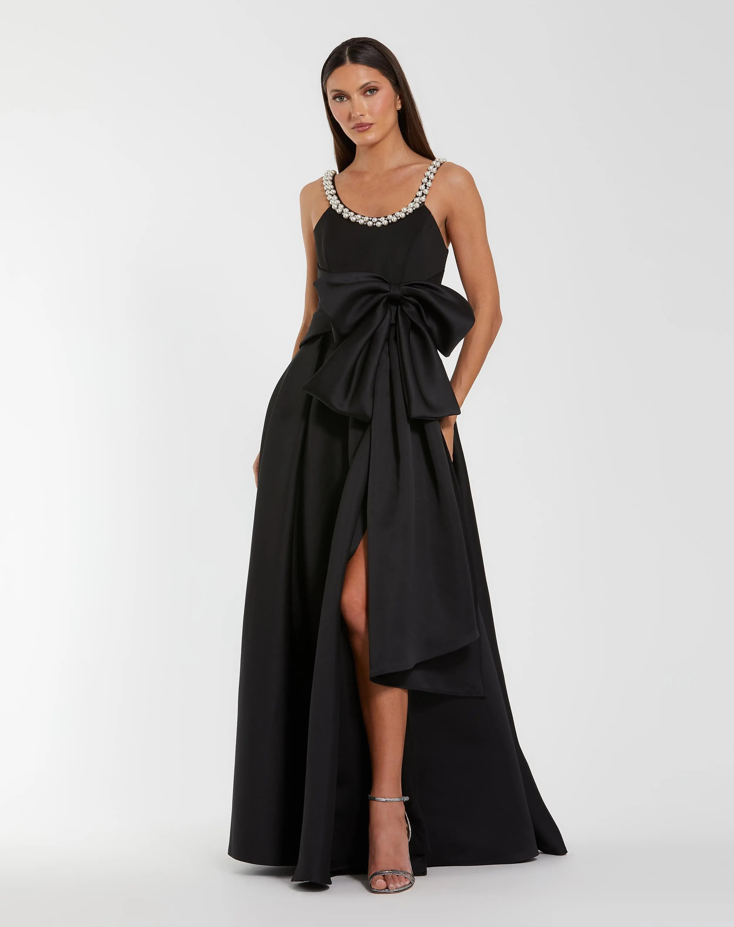Black Satin Gown With Pearl Neckline and Bow Detail | Mac Duggal | Mac Duggal