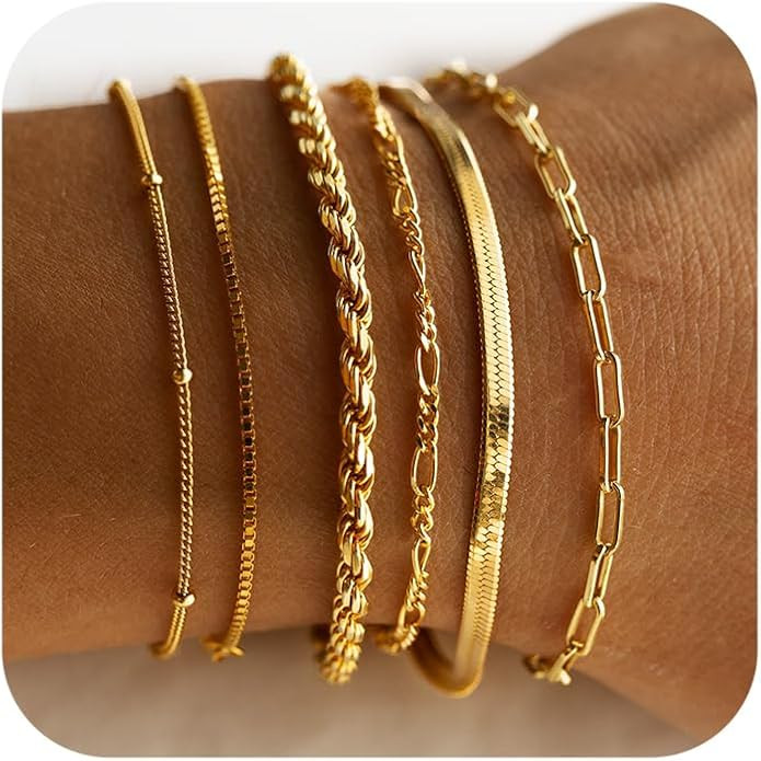 DEARMAY Gold Bracelets for Women Waterproof, 14K Real Gold Jewelry Sets for Women Trendy Thin Dai... | Amazon (US)