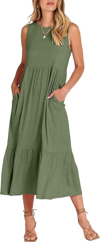ANRABESS Women's Summer Casual Sleeveless Crewneck Swing Sundress Fit & Flare Flowy Tiered Maxi D... | Amazon (US)