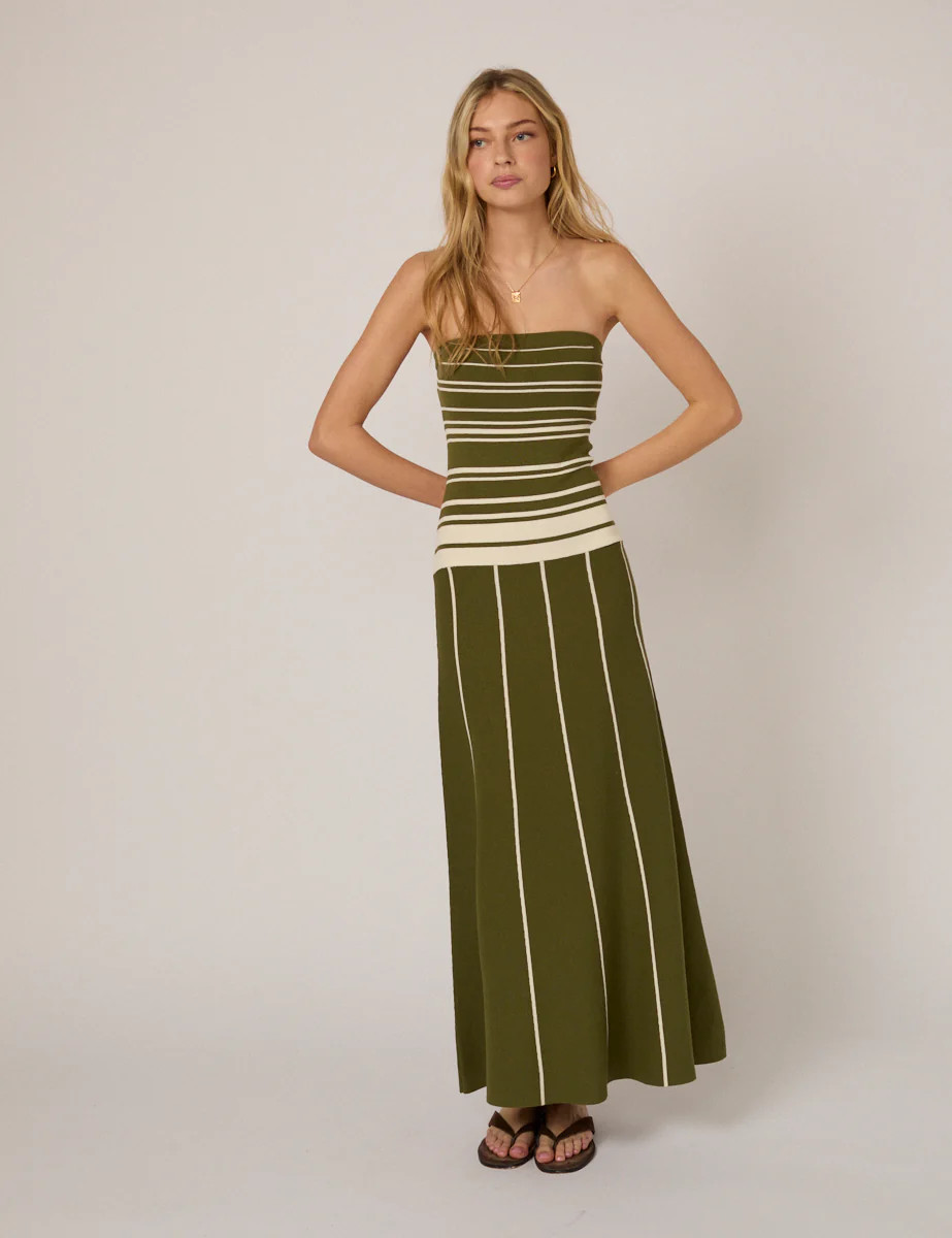 Green Striped Bandeau Knitted Midi Dress | Nobody's Child