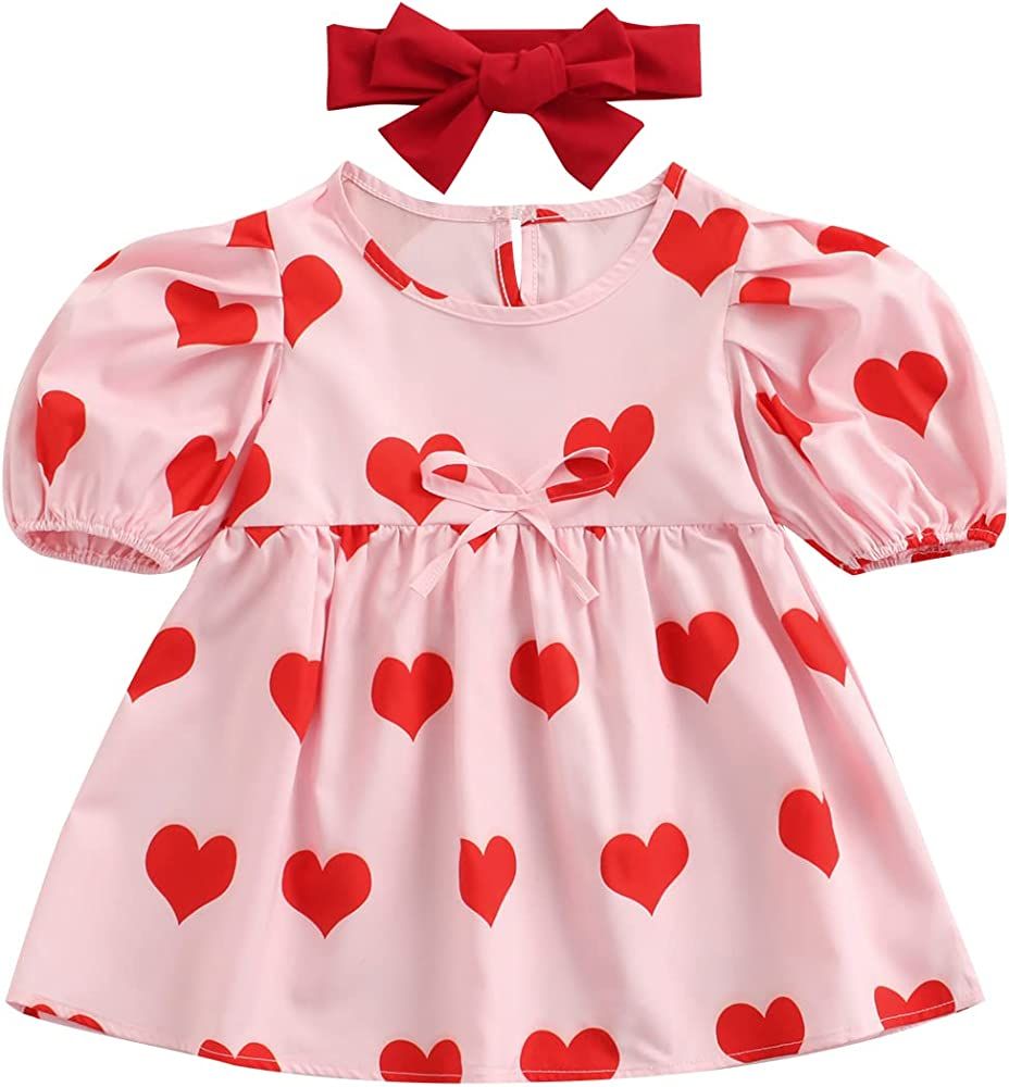 Amazon.com: Toddler Girls Dress Sets Valentines Day Short Sleeve Heart Print Dresses and Bowknot ... | Amazon (US)