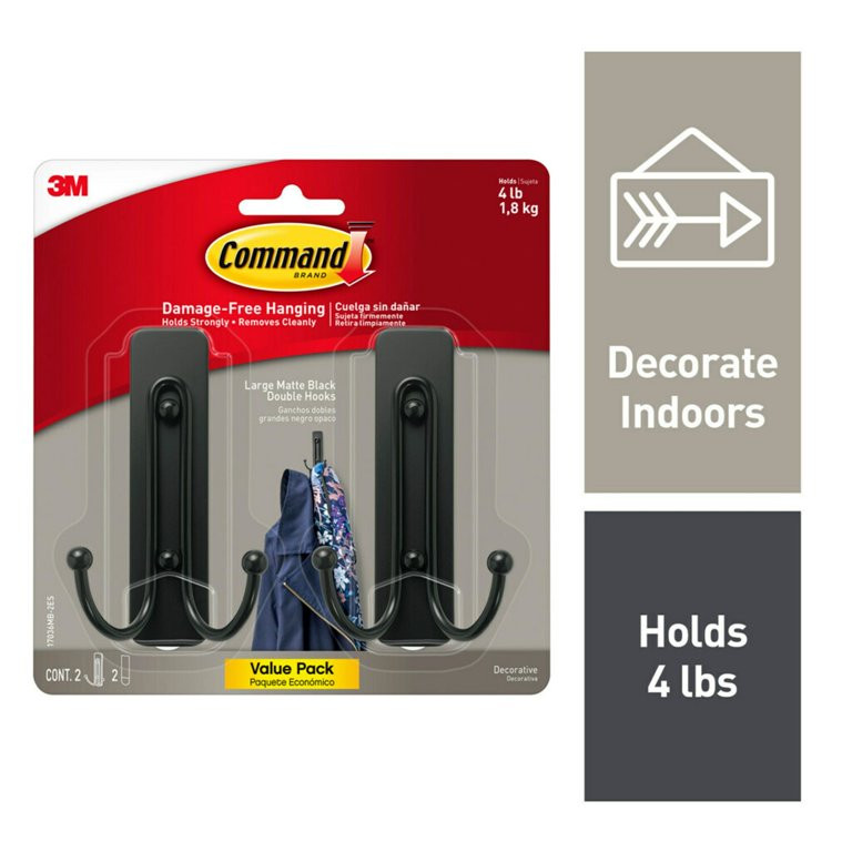 Command Large Double Wall Hooks, Black, Damage Free Decorating, 2 Hooks | Walmart (US)