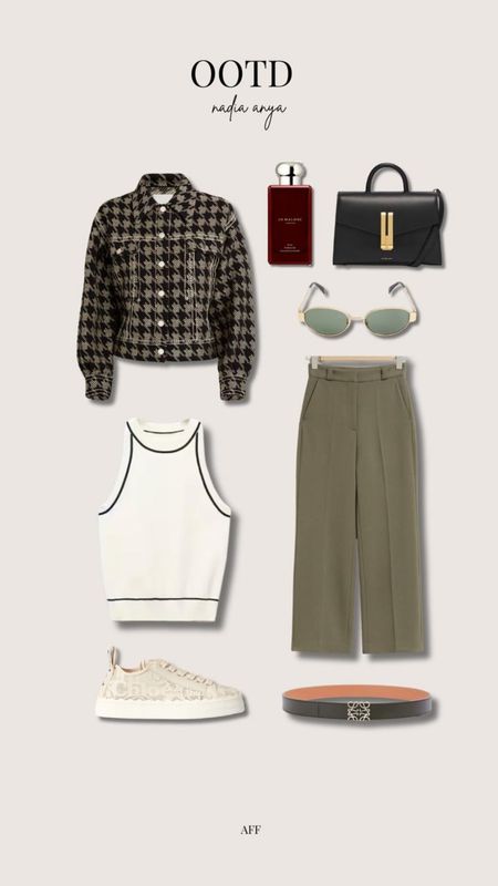 Spring outfit idea - khaki wide leg trousers, black & beige houndstooth jacket, mango white knit vest with black piping, Chloe Lauren cream lace trainers, celine triomphe metal sunglasses, black top handle handbag, Loewe anagram reversible belt & Jo malone London red hibiscus perfume  

#LTKstyletip #LTKSeasonal #LTKeurope