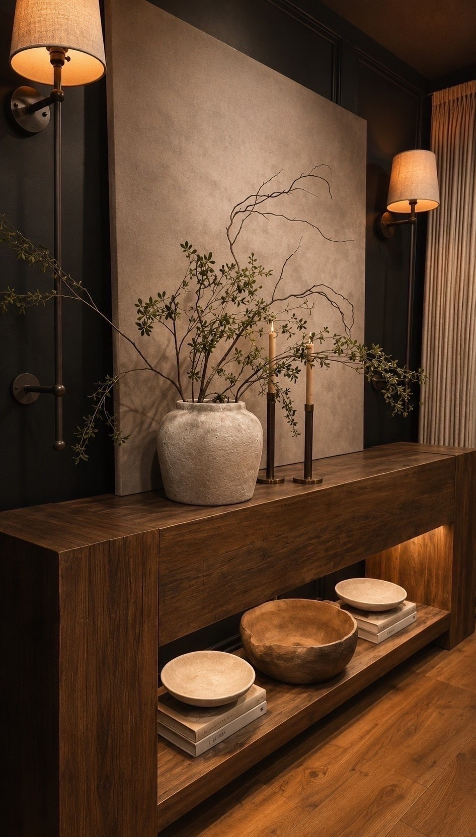 Not over this console table setup at all. The dark wall paint makes every piece pop in the most dramatic, elevated way. The entryway feels instantly more expensive thanks to the oversized wall art and the perfectly paired flameless candles. Such a simple combo, but it transforms the whole vibe. 

Summerthompsonstyles

---

console table decor entryway styling oversized wall art flameless candles dark wall paint modern home elevated design interior inspiration

#LTKU #LTKdayinmylife #LTKHome
