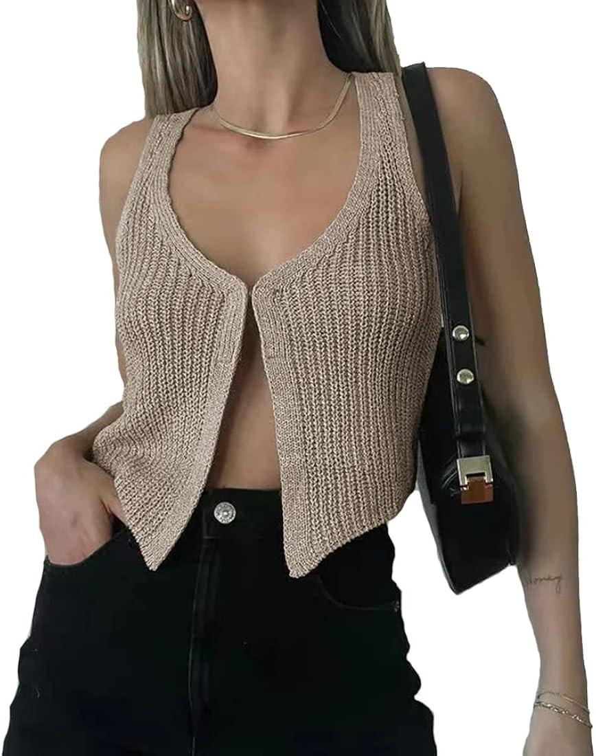 Naileksi Women Y2k Vintage Hook Eye Knit Top Vest V Neck Sleeveless Solid Causal Open Front Sweat... | Amazon (US)