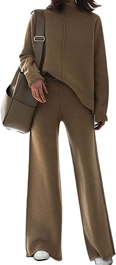 Linsery Women Knit Sweatsuit Turtleneck Sweater Top Wide Leg Pants 2 Piece Outfits | Amazon (US)