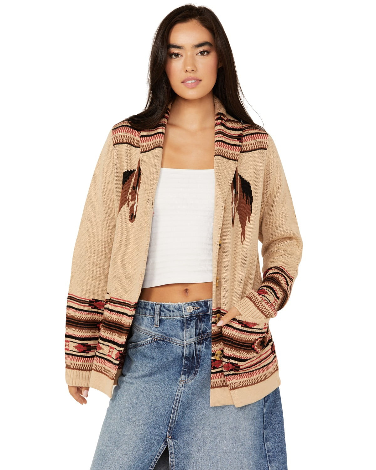 Cotton Women's And Rye Horse Motif Print Cardigan Tan   US - Walmart.com | Walmart (US)
