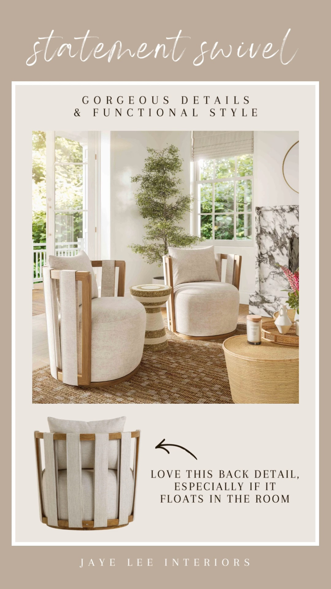 Swivel chairs are a great way to add versatility to your living space, and this unique design blends style, function and affordability, all in one small footprint. I love the back design detail, especially if the chair is positioned away from the wall, where it can be approached from behind. 
Living room furniture, swivel chair, side chair, barrel chair, TOV furniture, motion upholstery #jleeinteriors

#LTKHome