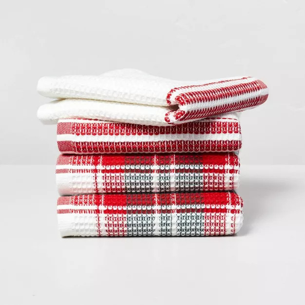 4pk Holiday Plaid & Stripe Waffle Dishcloth Set Green/Red/Cream - Hearth & Hand™ with Magnolia | Target