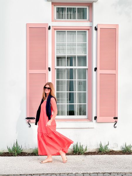 Last minute spring break in our favorite place 💗maxindress, kaftan, coral dress, coral maxi dress, mirth, sunglasses, classic style, raffia sandals, sezane, navy sweater, navy and coral 

#LTKstyletip