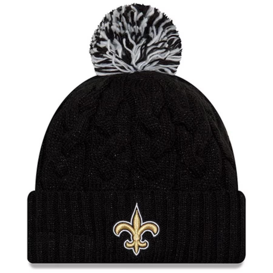 New Orleans Saints New Era Girls Youth Cozy Cable Cuffed Knit Hat with Pom - Black | Fanatics