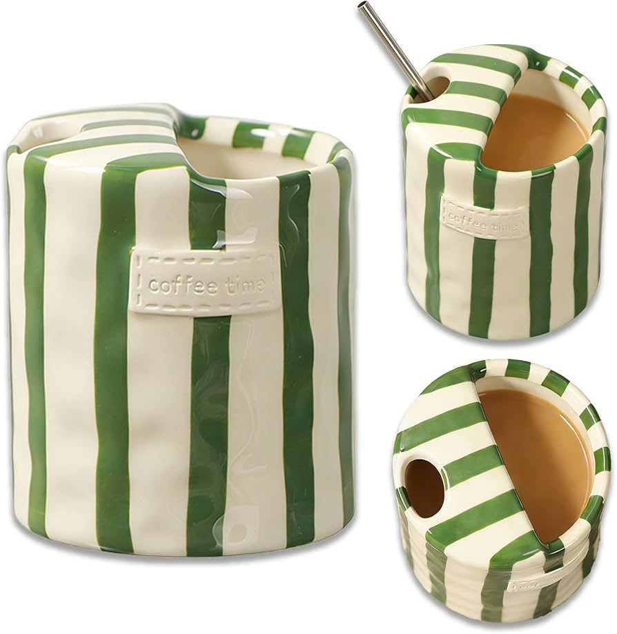 Ceramic Travel Mug with Hole, 10oz Hand Painted Striped Coffee Mug, Novelty Ceramic Coffee Cups, ... | Amazon (US)