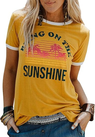 IRISGOD Womens Bring on The Sunshine Cute Graphic Tees Summer Casual Vacation T Shirt Tops | Amazon (US)