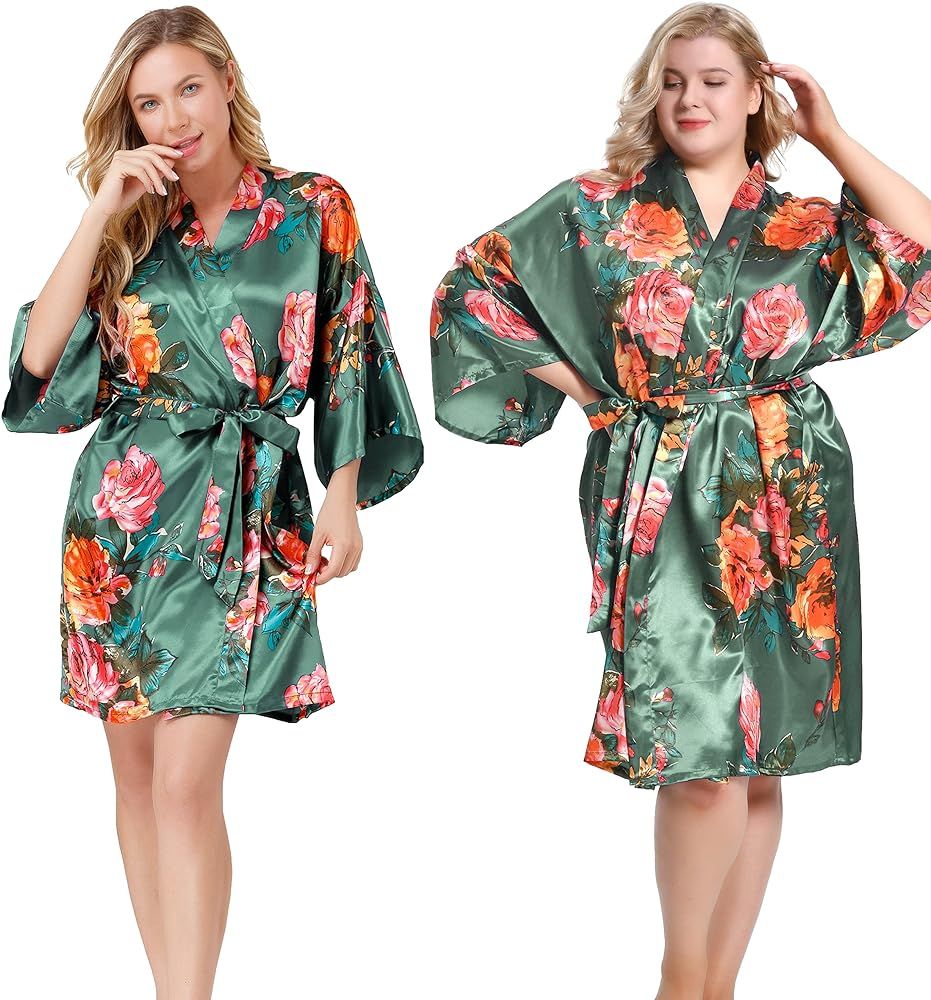 ALHAVONE Women's Rose Flowers Silky Satin Short Kimono Robe for Wedding Getting Ready | Amazon (US)