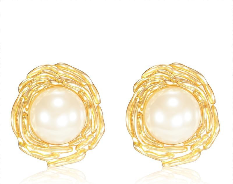 Pearl Stud Earrings for Women, Faux Large Gold Pearl Earrings Studs, Dainty White Big Pearl Earri... | Amazon (US)